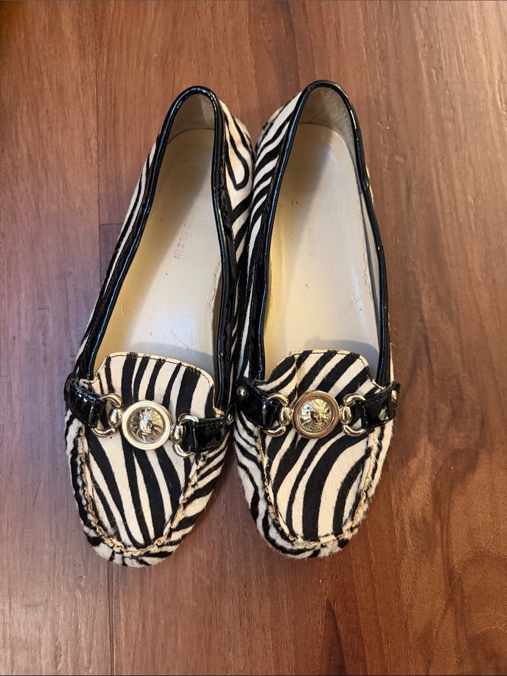 Anne Klein Zebra-Print Loafers in Black and White with Gold Accent